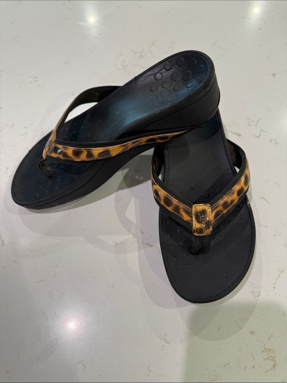 Women’s Vionic Black Wedge Flip Flops with Leopard Print Straps